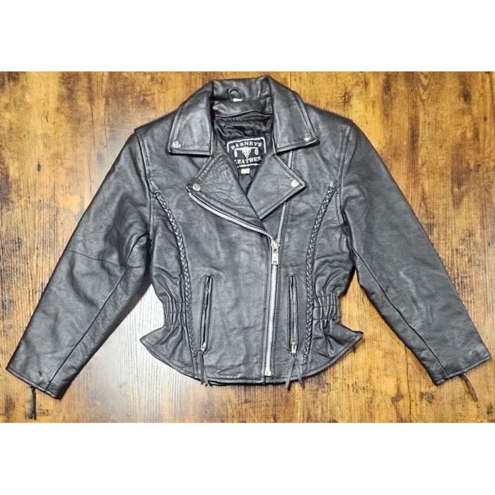 Vtg Barney's Leather Motorcycle Moto Jacket Biker Black Ladies XS Braided Lined